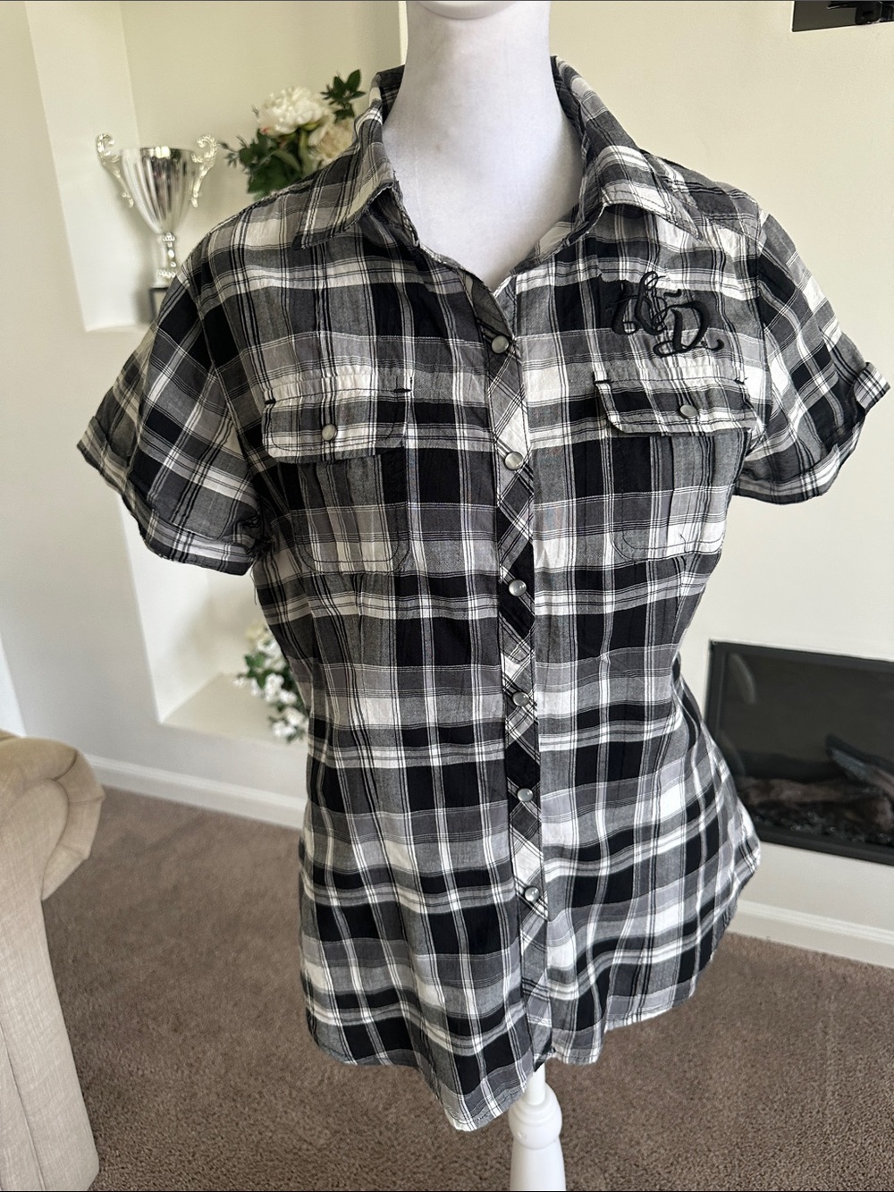 Harley-Davidson Black and White Plaid Short Sleeve Button-Up Blouse